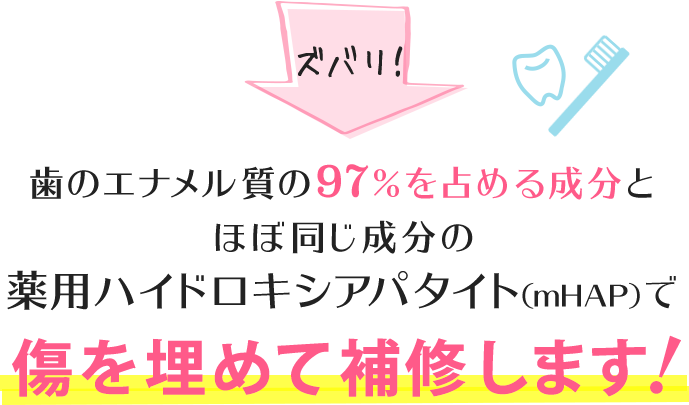 歯のエナメル質の97%を占める成分とほぼ同じ成分の薬用ハイドロキシアパタイト(mHAP)で傷を埋めて補修します!