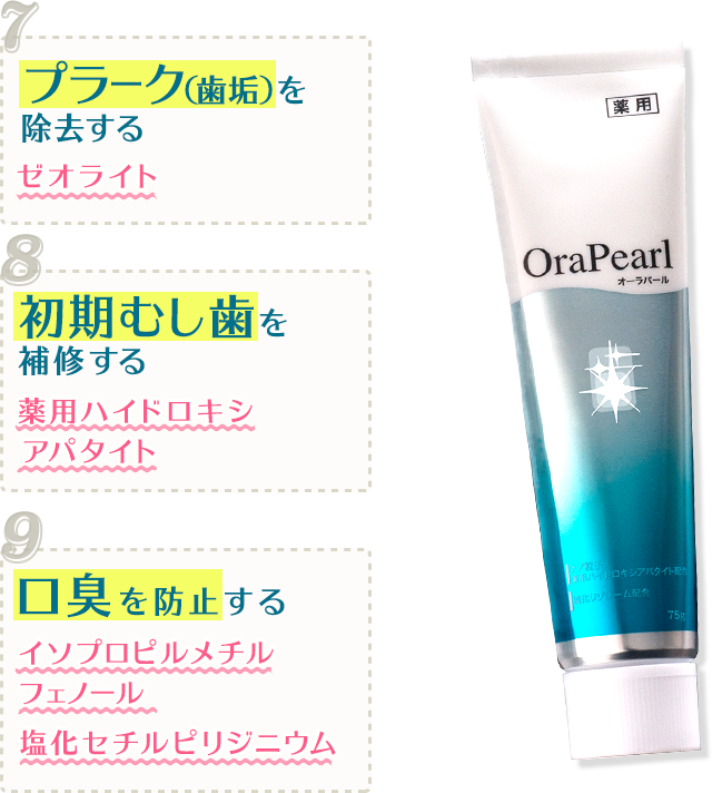 7.プラーク(歯垢)を除去するゼオライト 8.初期むし歯を補修する薬用ハイドロキシアパタイト 9.口臭を予防するイソプロピルメチルフェノール/塩化セチルピリジニウム
