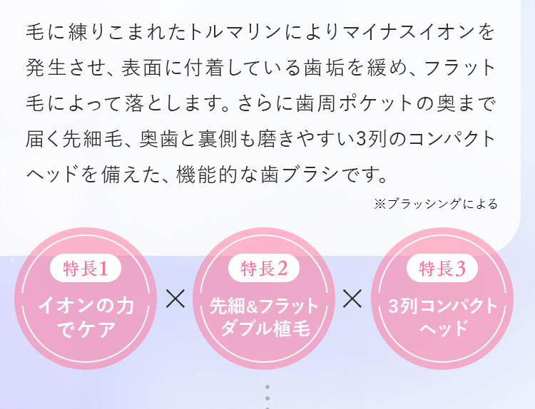 毛に練りこまれたトルマリンによりマイナスイオンを発生させ、表面に付着している歯垢を緩め、フラット毛によって落とします。