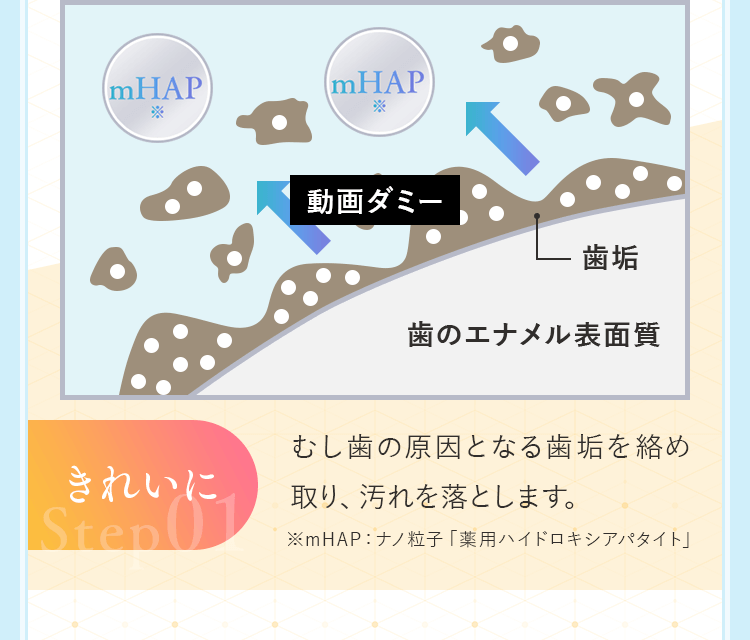 むし歯の原因となる歯垢を絡め取り、汚れを落とします。